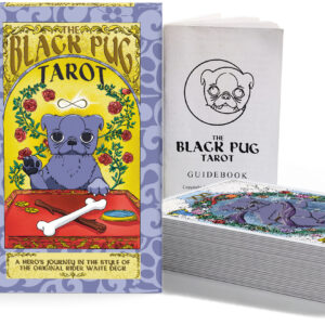 Header image of the Black Pug Tarot, showing the front of the box and pile of cards, with the World tarot card displayed on top.