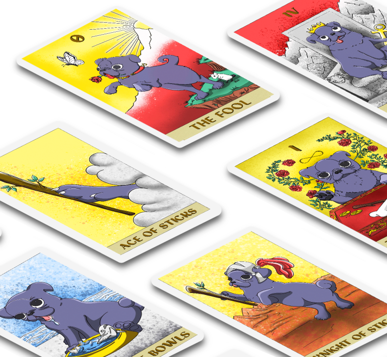 Card layout 1 of 3 for the Black Pug Tarot, showcasing a mock up view of the cards.
