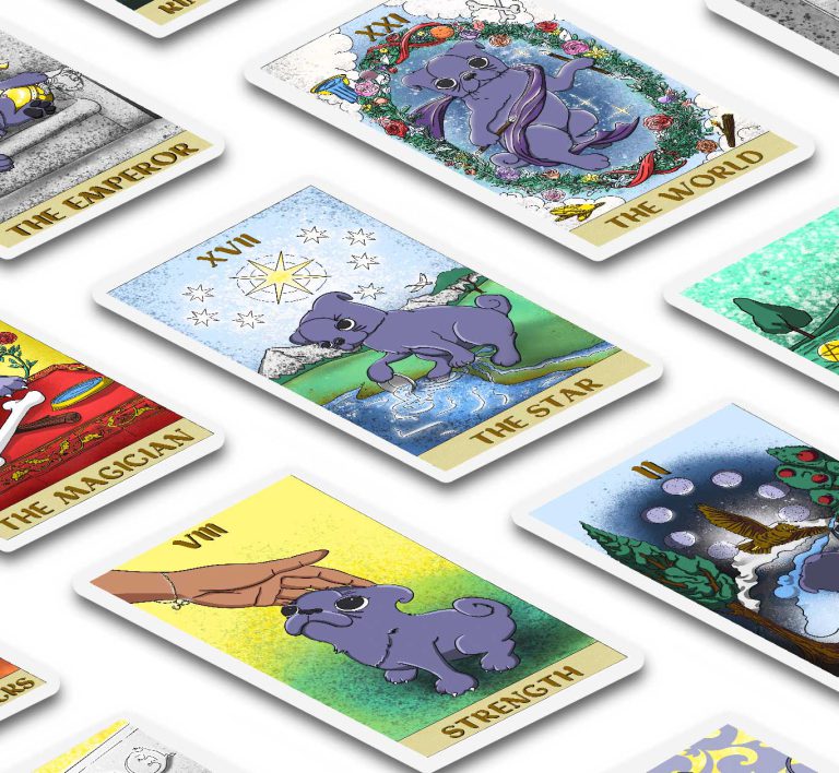 Card layout 2 of 3 for the Black Pug Tarot, showcasing a mock up view of the cards.