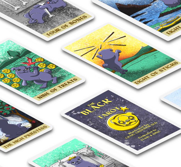 Card layout 3 of 3 for the Black Pug Tarot, showcasing a mock up view of the cards.